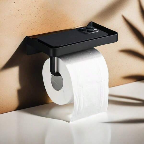 1pc Stainless Steel Tissue Box Holder (Requires Drilling), Durable Plastic Wall-Mounted Bathroom Paper Towel Rack, Dual-Use Bathroom Small Storage Box, Phone Holder, Vanity Organizer, Bathroom & Grooming Accessories