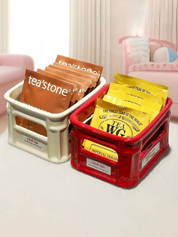 1pc Multifunctional Ceramic Storage Basket, For Coffee/Tea Bags, Kitchen Spices And Snacks - Dorm Desk Organizer Box, Lidded Home Storage Bin, Shelf Basket