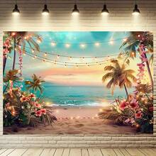 1 Pc Polyester Hawaiian Party Beach Banner, Tropical Ocean Photography Backdrop, Suitable For Spring/Summer Hawaiian Party, Aloha Party, Luau Party Themed Decoration, Indoor/Outdoor Home Decor - Multicolor - View 1