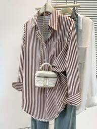 ​Women's Casual Basic Striped Point Collar Long Sleeve Shirt Top With Button Pocket, Daily Office Wear Fall Winter Spring Clothing​