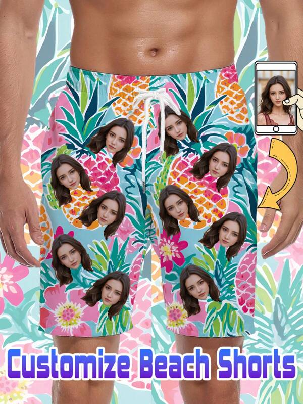 Custom Graffiti Pineapple And Flowers Print Beach Shorts With Face, Personalized Couple Photo Swimwear, Customize Photo Swim Trunks, Swimsuit With Picture For Men, Couple Beach Face Swimwear
