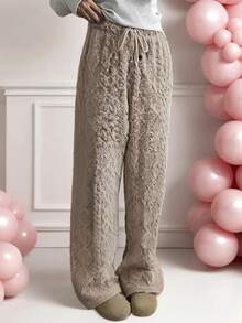 Pantalones sueltos con cordón de unicolor y esponjosos para mujer de talla grande - Café integral - Ver 3