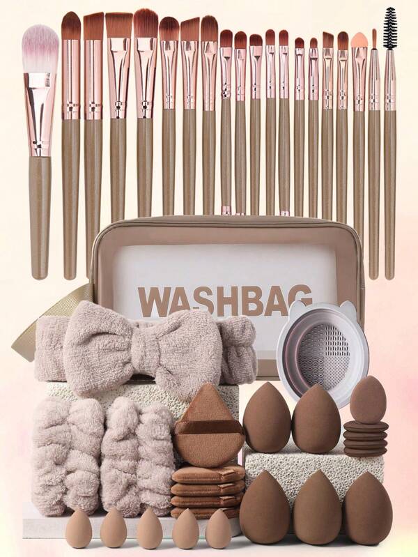 45pcs Makeup Brush Set, Mixed Makeup Beauty Tools, Including: 20pcs Makeup Brushes, 1pc Makeup Bag, 5pcs Beauty Eggs, 5pcs Powder Puffs, 5pcs Mini Beauty Eggs, 5pcs Mini Finger Powder Puffs, 1pc Headband, 2pcs Wristbands, 1pc Cleaning Tool