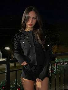 ii Fashionable Black Sequin Decorated Knit Cardigan - Black - View 1