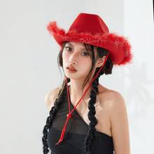 Womens Cowboy Hat, Adult Solid Color Furry Trim Wide Brim Hat Female Cap For Dating Party - Red - View 2