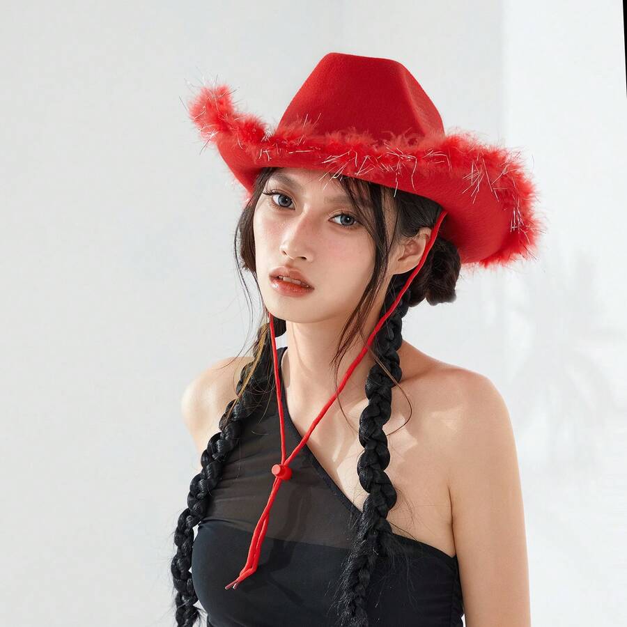 Womens Cowboy Hat, Adult Solid Color Furry Trim Wide Brim Hat Female Cap For Dating Party