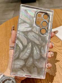 时尚羽毛图案渐变色手机壳适用于三星 Galaxy S25 S24 Ultra Plus S23Ultra S25Ultra 奢华闪亮相机镜头支架保护硬后盖防水防震防摔防刮 - 漸層粉紅色 - 查看 5