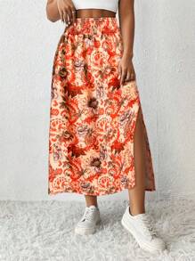 Women's Floral Print High-Lit Side Slit Skirt - Vacation Wrap Beach Skirt, Flowy Boho Summer Skirt, Casual A-Line Midi Skirt For Women,Casual Skirts For Women,Fashion Skirts For Summer