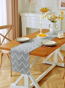 1pc Gray Geometric Wave Pattern Table Runner, Bohemian Minimalist Style, Machine Washable, Suitable For Sideboard, Shoe Cabinet, Cabinet Cover, Kitchen, Dining Room, Dining Gathering, Picnic, BBQ, Camping, Outdoor, Holiday, Party Decor, Home Decor, All Seasons, Autumn Decor