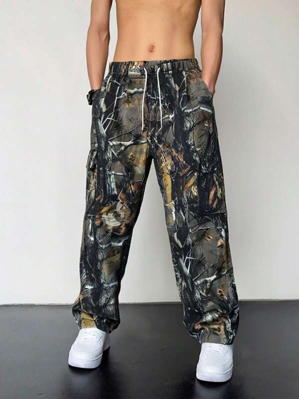 Men's Loose Fit Wide Leg Straight Casual Tree Branch Print Cargo Pants, Summer