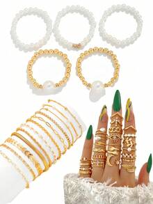 86/68/61/58/40/35 Stücke Vintage elegantes Mode Multi-Element Kunstperle Herz Schmetterling Seestern Muschel Blume Blatt Kubikzirkonia Bling geometrische Linie verdrehtes Cut Out Design Halskette Ohrringe Ring Armband Schmuckset, personalisiertes minimalistisches raffiniertes Design, geeignet für Schmuck, Urlaub, Party, Date, Alltag