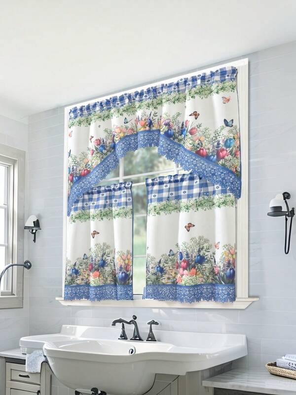 1 JUEGO (3 piezas/Juego) Cortinas de tela con estampado digital de fibra de acetato, con patrón de flores de tulipán y mariposas en azul, rojo y beige, cálido y romántico, elegante, adecuado para cocina, sala de estar, dormitorio, decoración del hogar, accesorios de ventana
