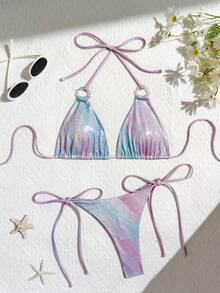 Nouveau maillot de bain 2 pièces d'été mignon pour femmes, avec dos froncé réfléchissant et motif de sirène - Multicolore - Voir 3