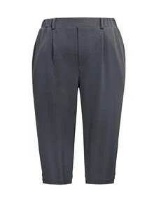 Plus Size Elegant High-Waisted Slim Fit Women's Pants - Solid Color, Polyester Fabric, Machine Washable, Slant Pockets And Button Details, Suitable For Work, Casual And Commuting Wear, Spring/Summer - Dark Grey - View 3