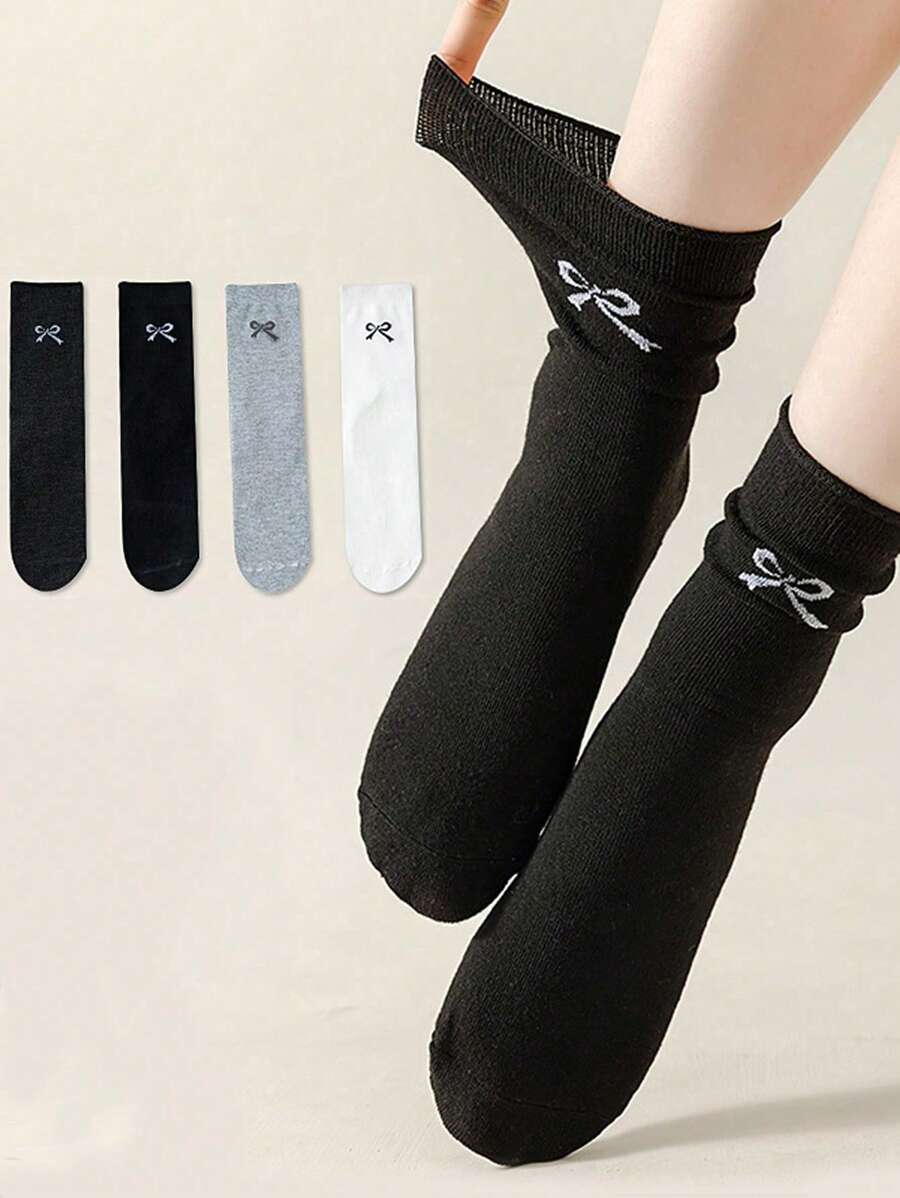 4 双女士中筒袜，便宜夏季薄款透气蝴蝶结孕妇袜，直筒袜