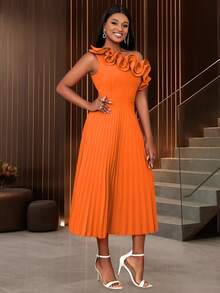 AOMEI Women's Elegant Solid Color One Shoulder Ruffled Pleated Dress - Orange - View 5