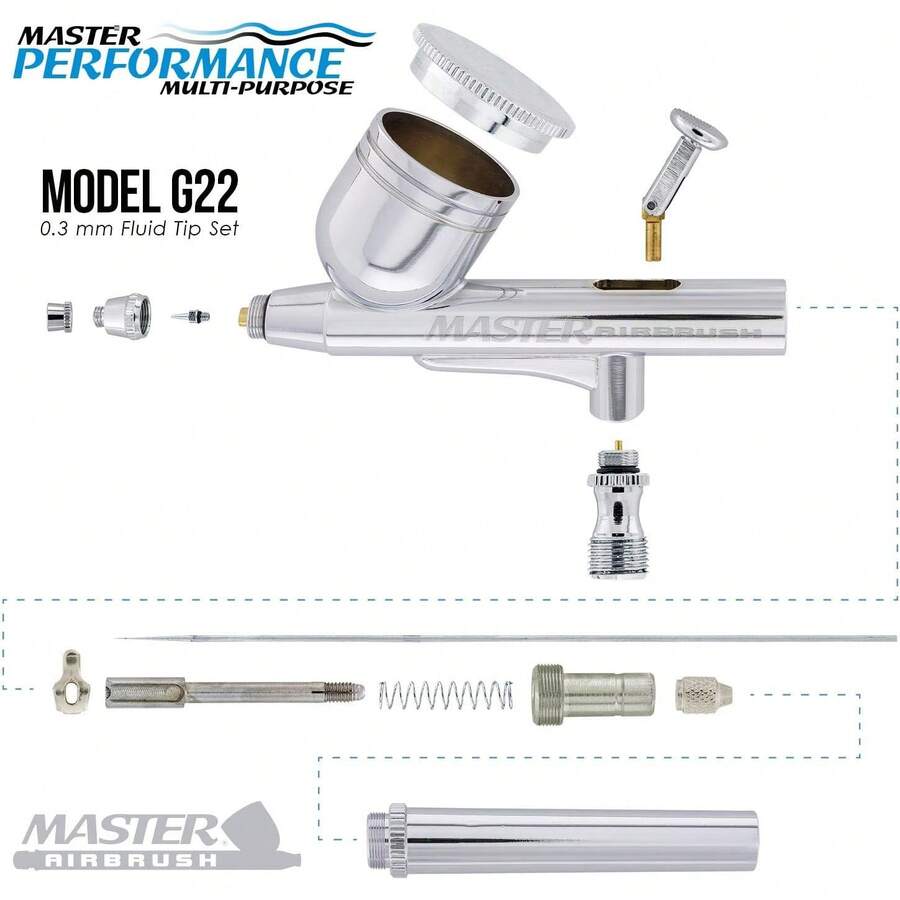 Master Airbrush Model G22 Multi-Purpose Dual-Action Gravity Feed Airbrush, 0.3mm Tip, 1/3 Oz Fluid Cup, 6 Foot Air Hose - User Friendly, Versatile Set Kit - Spray Auto Graphics, Art, Cake, Hobby Craft - 1 - View 1