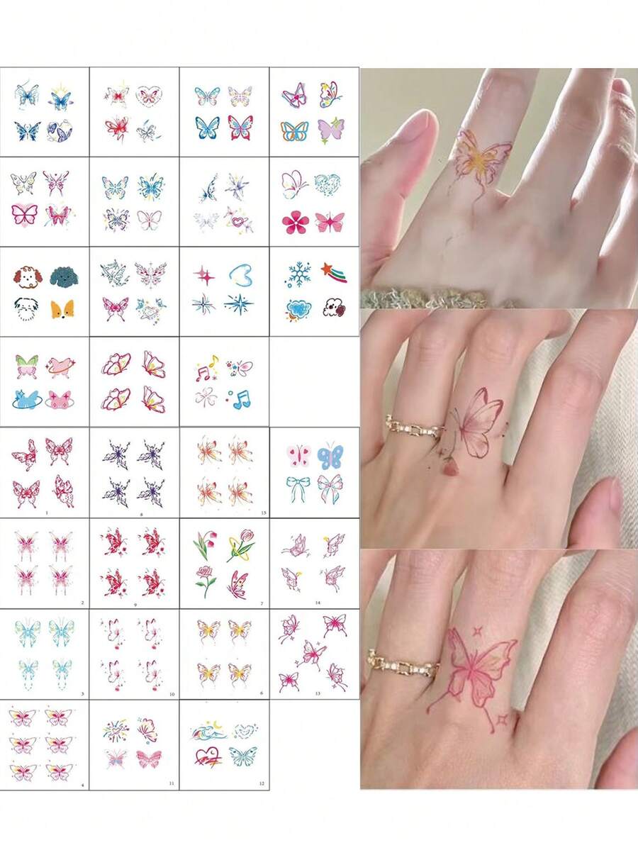 30 piezas de tatuajes temporales de mariposa de colores en el dedo, patrón pequeño de mariposa, tatuaje temporal impermeable para dedos, brazos y Body - Multicolor - Ver 1