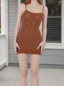 Women Knit Sleeveless Dress Summer Frayed Hem Solid Color Mini Bodycon Party Dress For Vacation Beach Streetwear - 橘色 - 查看 5