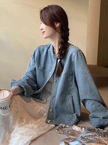 Áo khoác denim nữ tay dài cài nút phía trước cổ điển, mùa xuân và mùa thu - Màu xanh lam - Xem 2