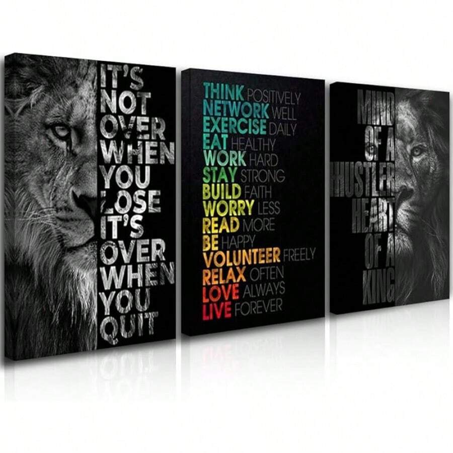 GUBIYU Black Hustle Grind Execution Wall Art Set Of 3 Framed Canvas Office Inspirational Motiviational Wall Decor Art Positive Quotes Posters Living Room Pictures Walls Decor Mens Guys 12x16 - 黑獅勵志牆畫 - 查看 1