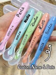 Personalized Silicone Baby Spoons With Name And Date, Baby Led Weaning Spoon Set, Soft Gum Care Feeding Cutlery, Gift For Boys And Girls - Style a - View 2