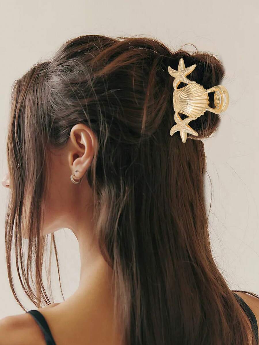 发夹 1 件优雅时尚金属海星和贝壳发夹发饰优雅爪夹，学校用品，学院秋季配饰 - 金色 - 查看 1