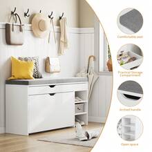 VOWNER Shoe Cabinet With 3 Compartments, Shoe Bench, Shoe Bench With Seat Cushion, 100 X 30 X 55 Cm - 白色 - 查看 7