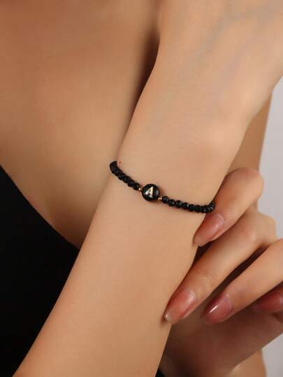 1 pièce Bracelet à perles en cristal noir, Bracelet à perles avec lettre de A à Z, Bracelet à perles de style bohème, Accessoire avec initiale du nom