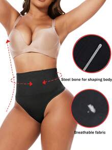 Women Shaping Thongs Shapewear Panties High Waist Tummy Control Body Shaper Boned Support Slimming Underwear G-String Sports Outdoor T-Back - 黑色 - 查看 6