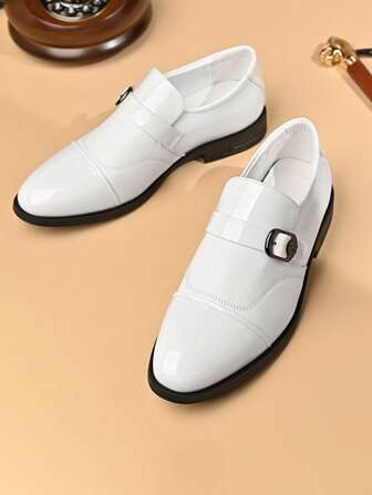 Men's Pointed Toe Flat Shiny Casual Buckle Solid Color Business Dress Shoes, Fashion Lightweight, Low-Key Glossy Supple, Non-Deforming Fresh Casual Leather Shoes