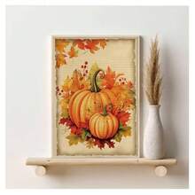 1 pezzo Quadro vintage senza cornice con zucca autunnale di Ringraziamento, pittura vintage con corona di foglie autunnali, stampa su tela, opera d'arte da parete, decorazione moderna minimalista per soggiorno, camera da letto, dormitorio, studio, ufficio, sala da pranzo, decorazione per la casa, regalo con decorazione da parete