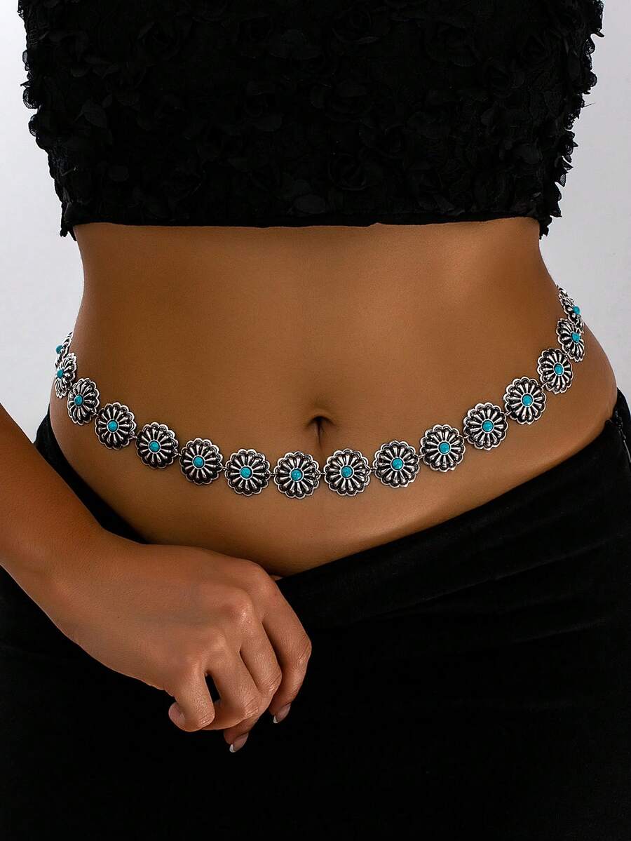 1 pieza Cadena de cintura de metal plateado estilo bohemio con colgante floral e incrustación de piedra, adecuada para atuendos diarios, de vacaciones y de fiesta de mujeres - Plateado - Ver 1
