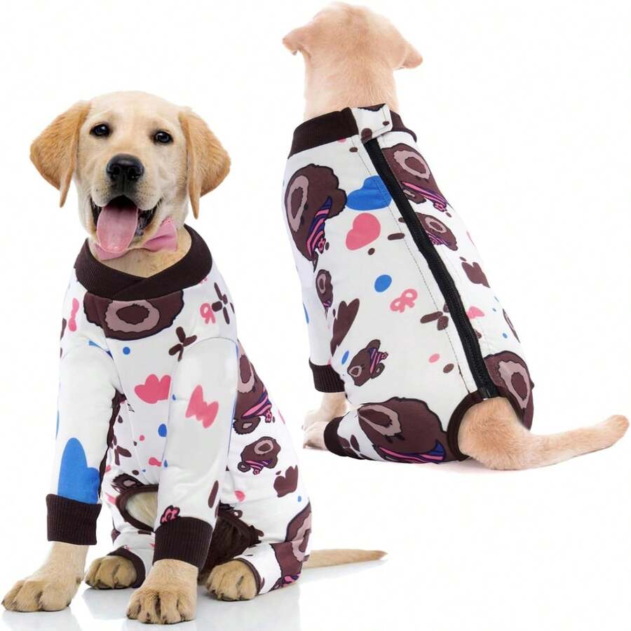 1pc Dog , Dog Jumpsuit With Zipper Back Design For Easy Wear And Removal, Cartoon Pattern Design Covers All Four Legs, Suitable For Medium To Large Dogs - White - View 1