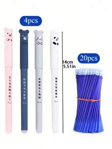 4pcs Pens With 20pcs Refills, Needle Tube, 0.35mm Cartoon Animal Themed Erasable Gel Pen Set