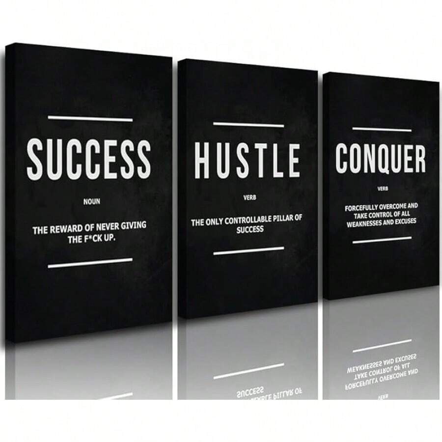GUBIYU Black Hustle Grind Execution Wall Art Set Of 3 Framed Canvas Office Inspirational Motiviational Wall Decor Art Positive Quotes Posters Living Room Pictures Walls Decor Mens Guys 12x16 - A010 勵志牆畫 - 查看 1