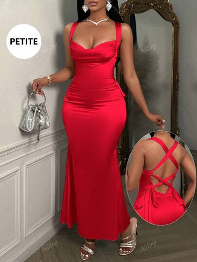 Vestido sirena sexy con espalda descubierta, tirantes y cuello colgante en color rosa romántico, adecuado para el Día de San Valentín, fiesta de solteros, fiesta de Navidad, boda - Talla pequeña para mujer