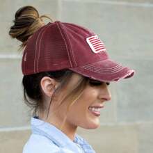 1pc Women's Multi-Color Mesh Ponytail Hole USA Flag Pattern Sports Baseball Cap, Suitable For Daily Wear