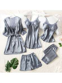 5 paquetes Classic Sexy Set de Navidad Un buen regalo de lencería con encaje floral con bata con cinturón de satén Vestido de camisola de lencería sensual con encaje y malla empalmado(El producto tiene alta demanda y escasea; los colores se enviarán al azar. Si esto le preocupa, no lo compre.) - Gris - Ver 1