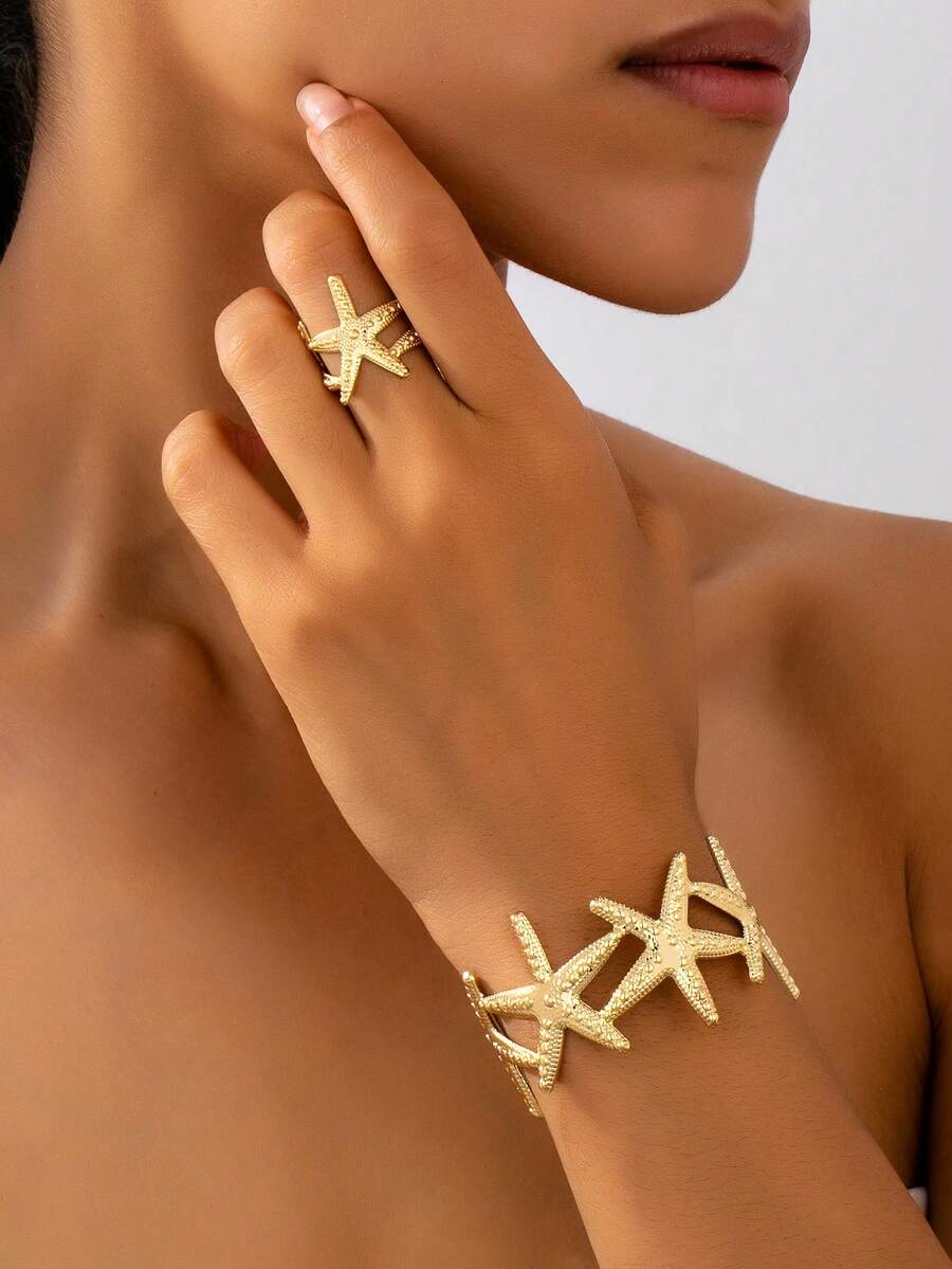 1 Set Minimalist Fashionable Elegant Versatile Starfish Bracelet & Ring - Yellow Gold - View 1