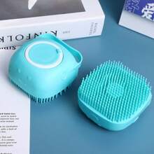 1 pieza Cepillo de baño y champú de verano para mascotas, cepillo de goma de silicona para masaje con compartimento para champú para herramientas de aseo de perros y gatos; Accesorios para perros y gatos; Playa; Sol; Viaje; Fresco;