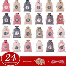24pcs/Set Christmas Gift Bags With Drawstring, Christmas Countdown 1-24 Gift Bags With Jute Rope & Clips, Suitable For Christmas Party, Decoration, Tree Hanging Bags - Multicolor - View 2