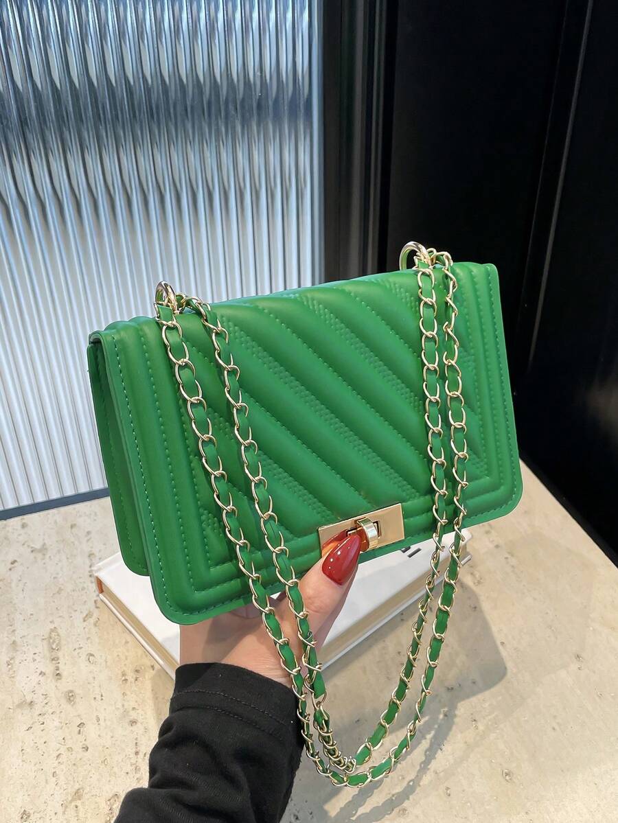Fashion New Solid Color PU Embossed Mini Shoulder Bag, Street Commuter Crossbody Bag, Minimalist Women's Chain Small Square Bag - Green - View 1