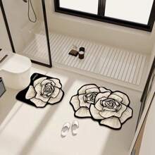 1pc Rose Pattern Diatomite Bathroom Mat, 0.3CM Diatomite Material, Decorative, Bathroom Mat, Toilet Mat, Q-Soft Cushion, Quick Absorbency, Anti-Bacterial, Easy Cleaning, Reusable, Wear-Resistant, Convenient Storage, Safe &