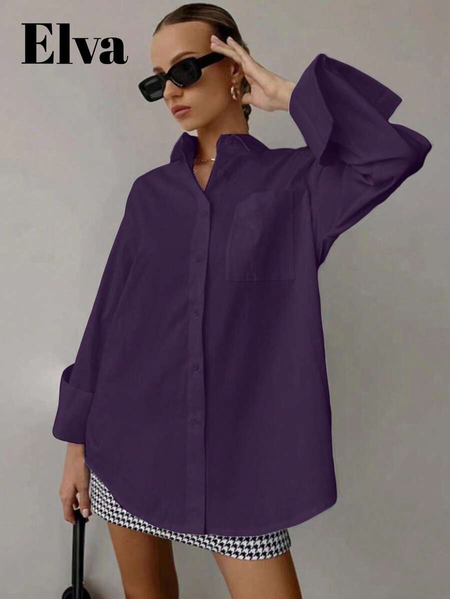 QIANZHIDU Chemise ample à manches longues de couleur unie pour femmes, idéale pour les entretiens d'embauche, les déplacements professionnels et les tenues décontractées minimalistes. Convient pour la rentrée scolaire, la remise des diplômes, le bureau, le printemps, l'été et l'automne. Simple et élégante, adaptée au printemps, à l'été et à l'automne.