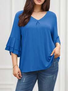tooluck LOMON 3/4 Length Sleeve Womens Tops Summer Loose V-Neck Eyelet T-Shirts Dressy Casual Ruffle Sleeve Tunic Blouses Royal Blue - 寶藍色 - 查看 2