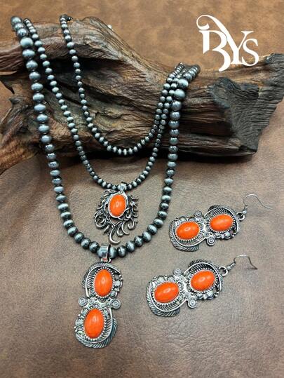Collar de cadena con cuentas de perlas falsas de estilo retro occidental y país, collar con colgante de piedra, cadena de 3 capas que se puede combinar libremente, aretes de piedra, adecuado para que las mujeres/niñas combinen con atuendos diarios, accesorios para fiestas, joyería, regalo para familiares/amigos/usted mismo