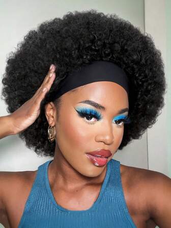 Afrikansk hårbandsperuk, kort lockig afrikansk peruk, naturlig svart limfri afrikansk peruk med hårband för kvinnor, afrikansk lockig peruk med hårband, syntetisk afrikansk huvudbonadsperuk, afrikansk peruk för kvinnor
