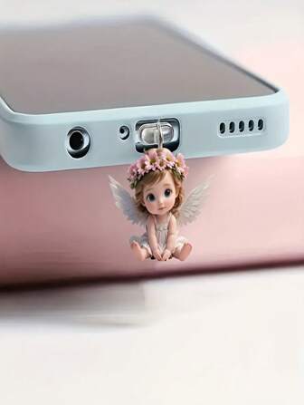 1 件可爱粉色天使女孩 2D 亚克力手机防尘塞，创意吊坠适用于 Apple、Android、Type-C 设备