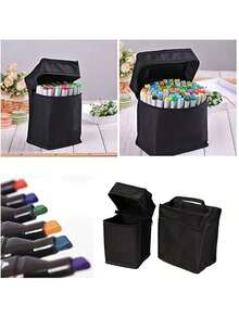 黑色耐用帆布铅笔盒，便携可折叠 - 办公和美术用品必备，包含储物袋、学校礼品槽、大容量拉链笔筒，学生的理想选择（随机徽标设计）